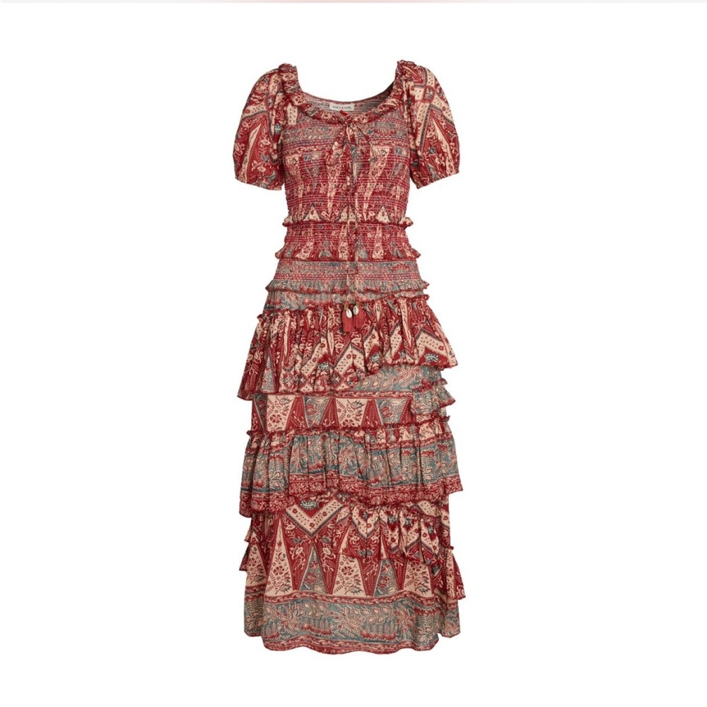 🌷Souvenir Juanica Cotton Boho Tiered Smocked Puff Sleeve Maxi Peasant Dress XS